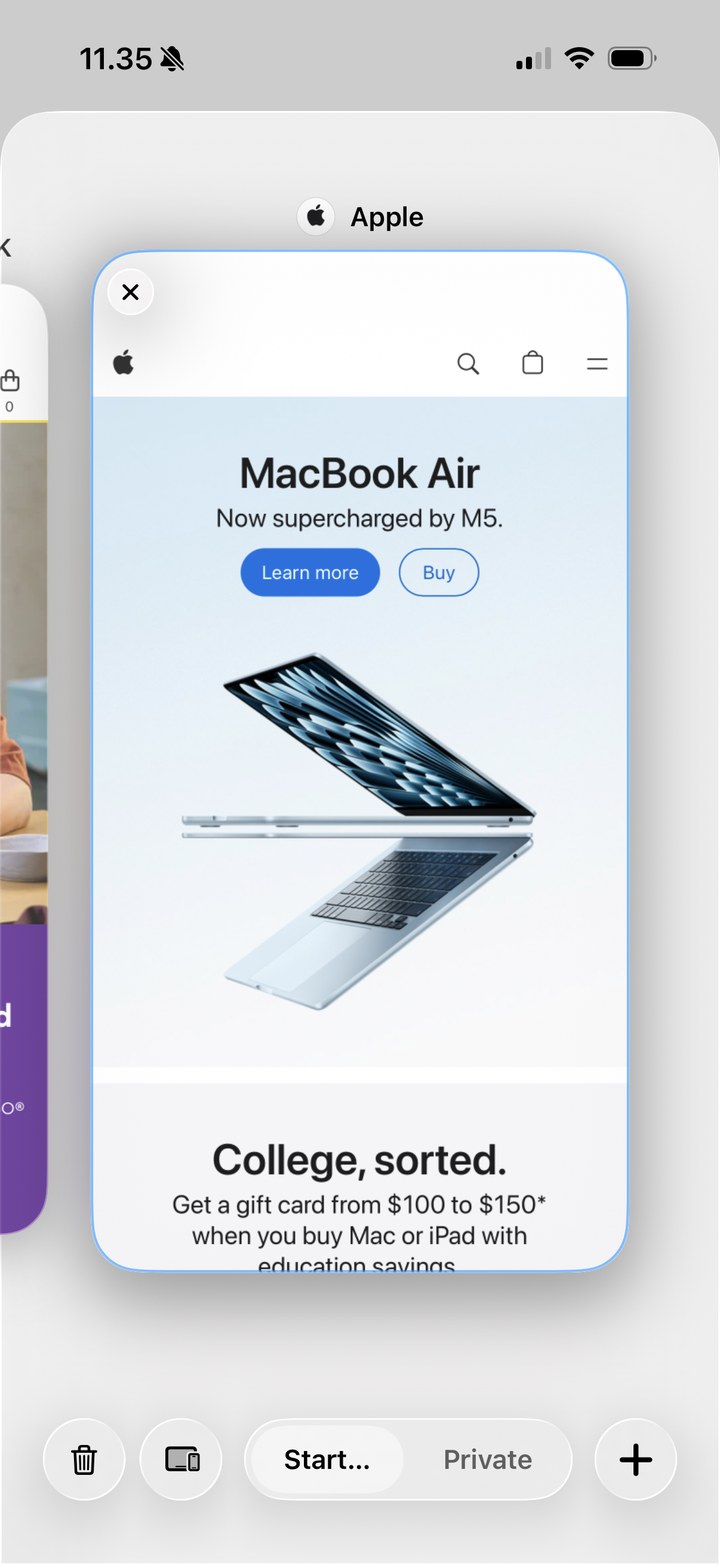 The tab switcher showing open tabs as stacked cards